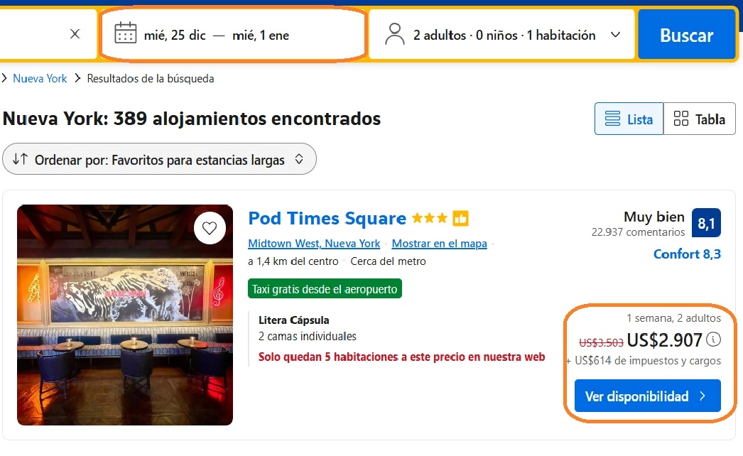 1.1_anonuevonewyork Pantalla de de booking.com mostrando los precios de los hoteles en New York en año nuevo