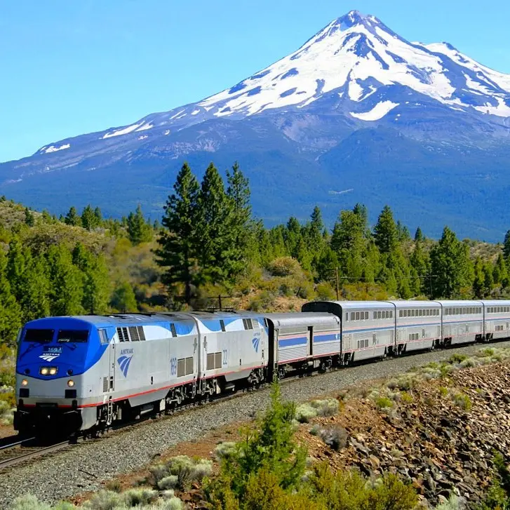1_viajes Amtrak Tren Amtrak pasando por un bosque de pinos con una montaña nevada de fondo