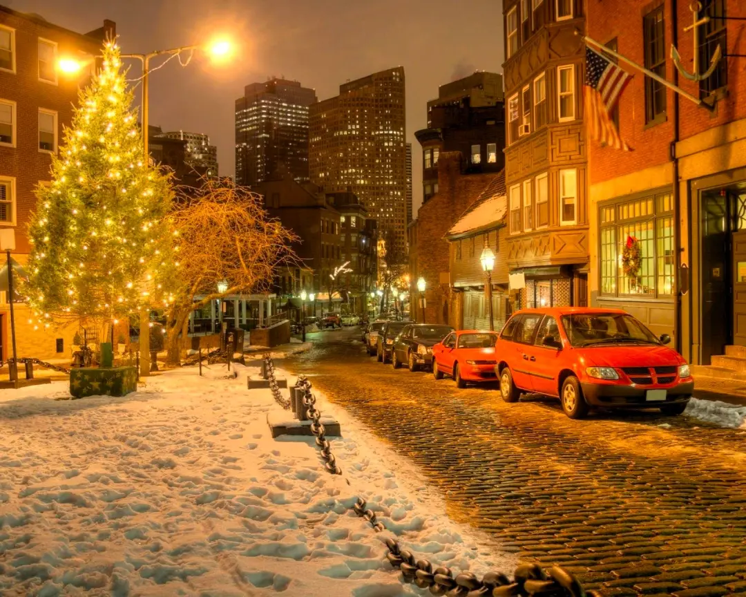 Norht End de Boston de noche y en invierno