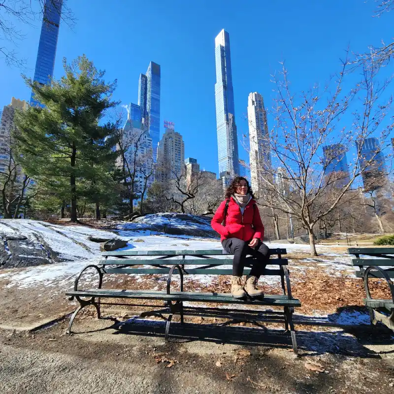 3_manhatan_gratis Vico sentada un banco del Central Park rodeada de nieve en un día soleado