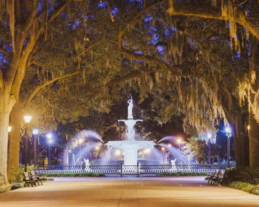 4_15dest Vista nocturna de Forsyth Park, Savannah, Georgia.