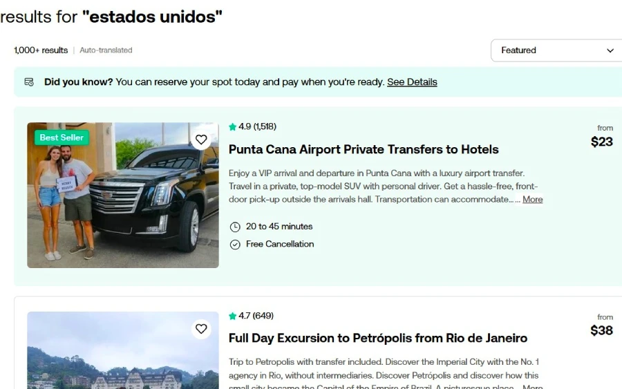 6_viatorgyg Captura de pantalla del sitio de Viator mostrando resultados de búsqueda de tours en Estados Unidos