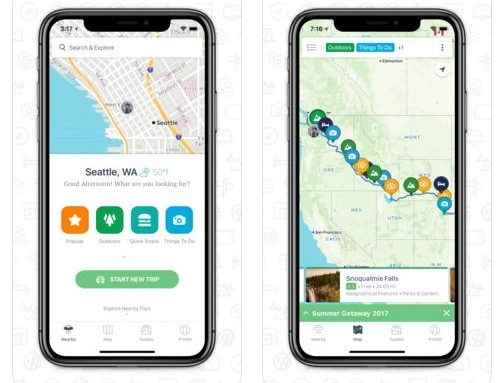 Captura de pantalla de 2 apps de para planificar un roadtrip