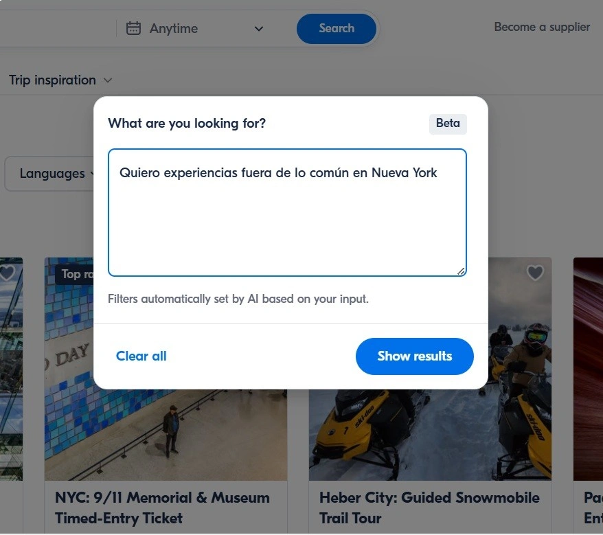 7_viatorgyg Smart filter en la aplicación de Get Your Guide con el texto: Quiero experiencias fuera de los común en Nueva York