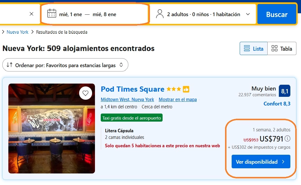 1.2_anonuevonewyork Pantalla de booking.com con precios de hotel en enero